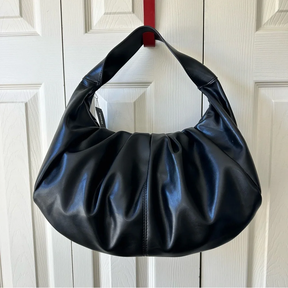 Express Slouched Hobo Handbag Runch Shoulder Bag Black Faux Leather - Picture 2 of 8